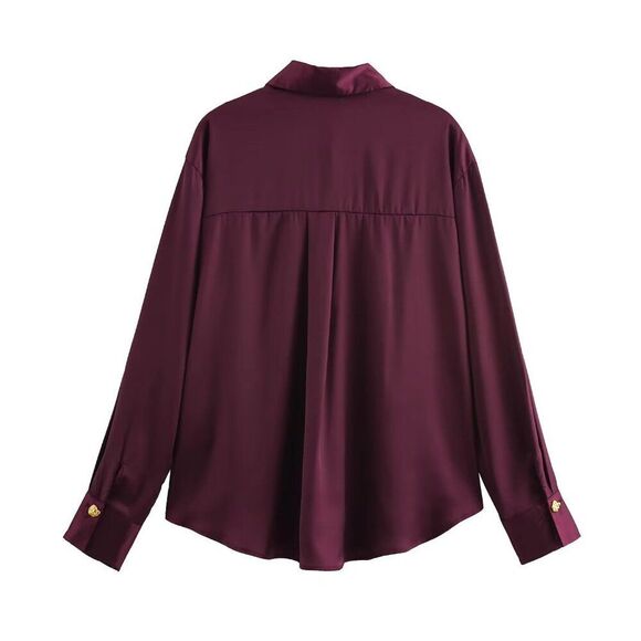 Zara Women Satin Blouse Shirt L Large Red Burgundy Gold button 2138/302 NWT - Picture 4 of 11